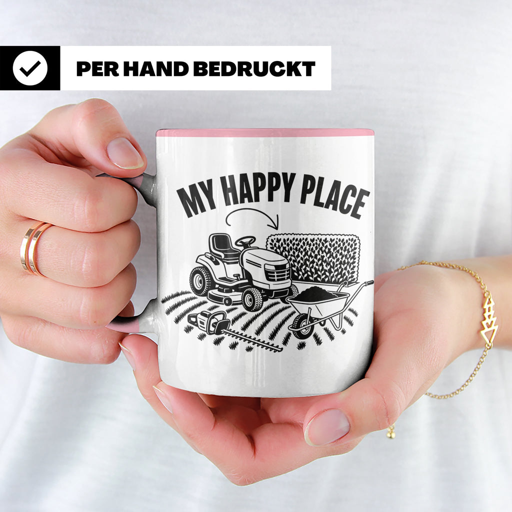 Rasenmäher Tasse mit Spruch My Happy Place Geschenk für Gärt – Rosa [farbe:rosa]