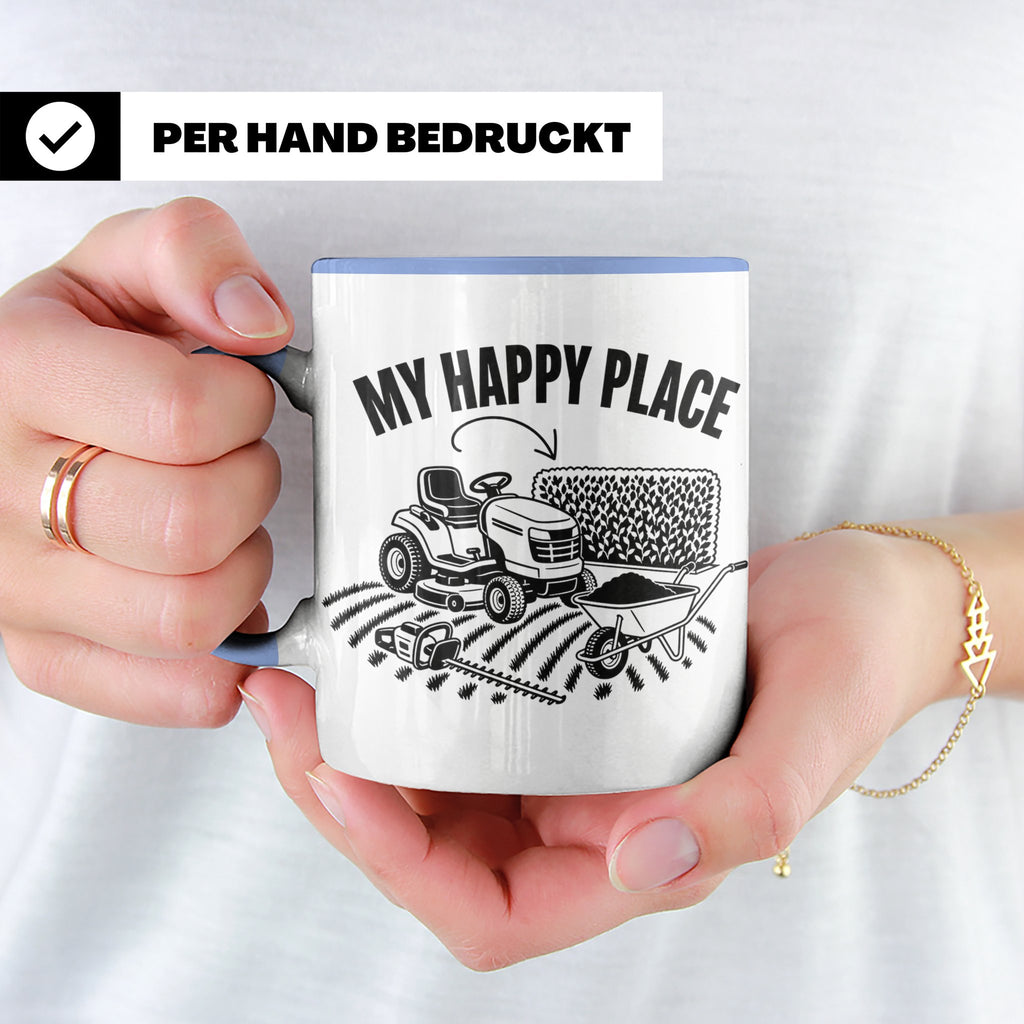 Rasenmäher Tasse mit Spruch My Happy Place Geschenk für Gärt – Blau [farbe:blau]