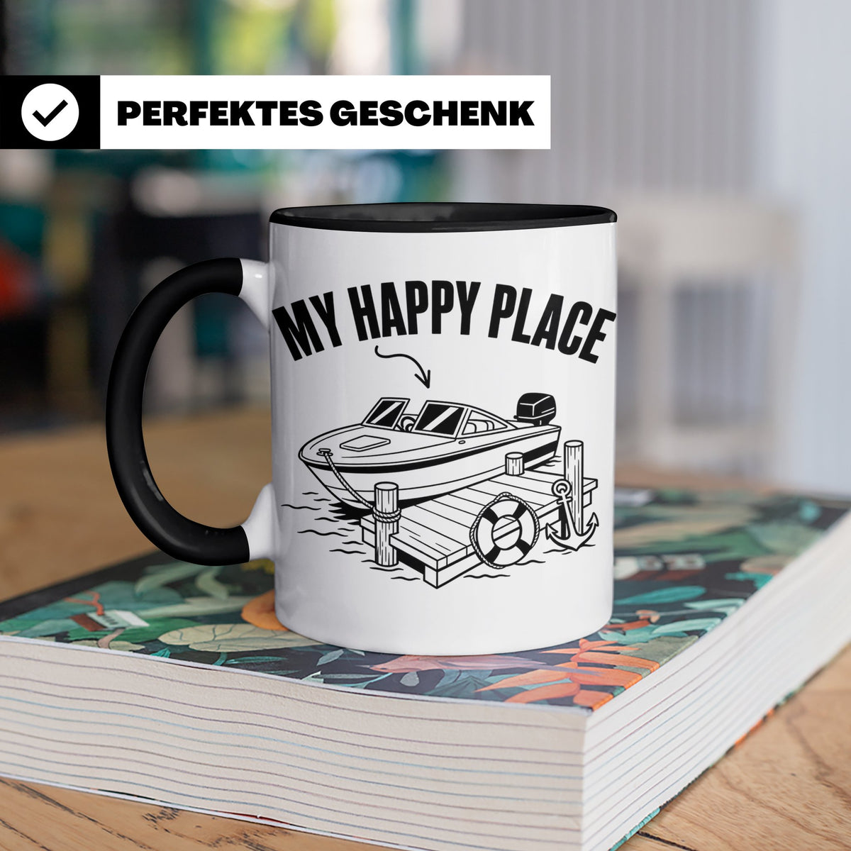 Motorboot Tasse My Happy Place für Skipper & Bootsbesitzer S – Schwarz [farbe:schwarz]