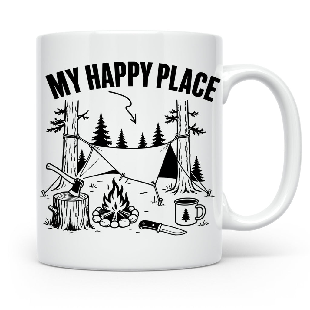 Bushcraft Tasse My Happy Place Spruch Survival Outdoor Campi – Weiß [farbe:weiß]