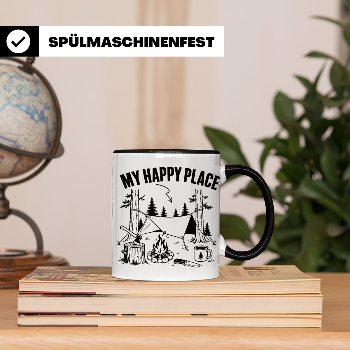 Bushcraft Tasse My Happy Place Spruch Survival Outdoor Campi – Schwarz [farbe:schwarz]