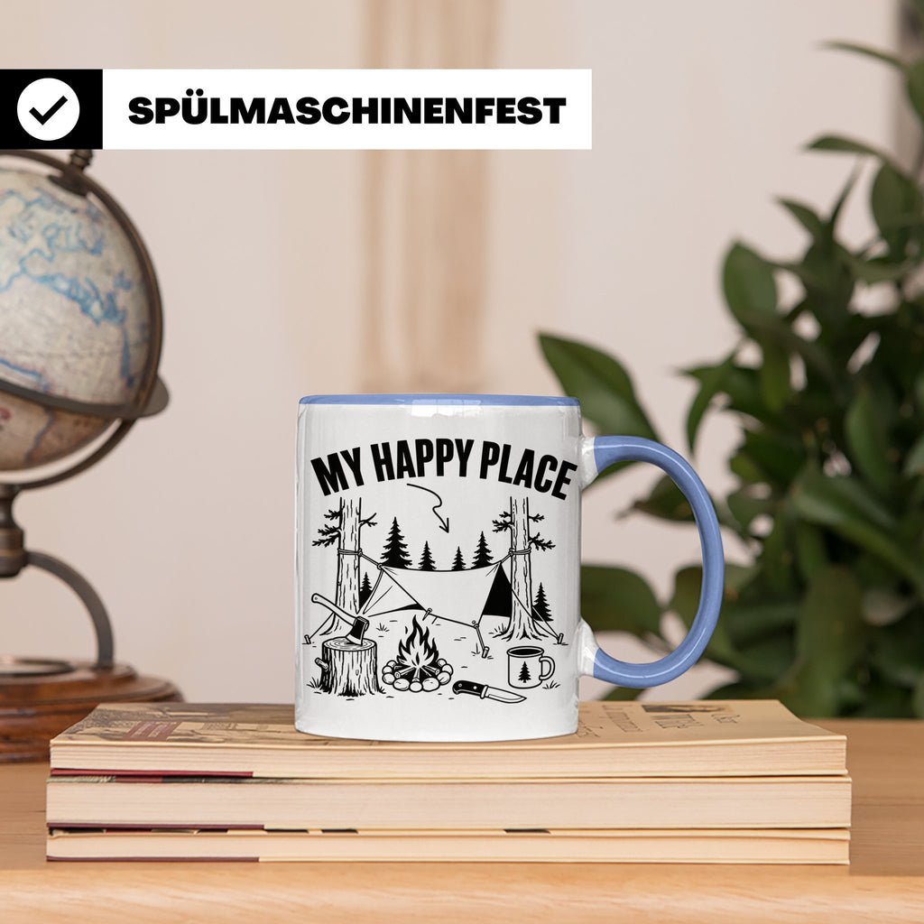 Bushcraft Tasse My Happy Place Spruch Survival Outdoor Campi – Blau [farbe:blau]