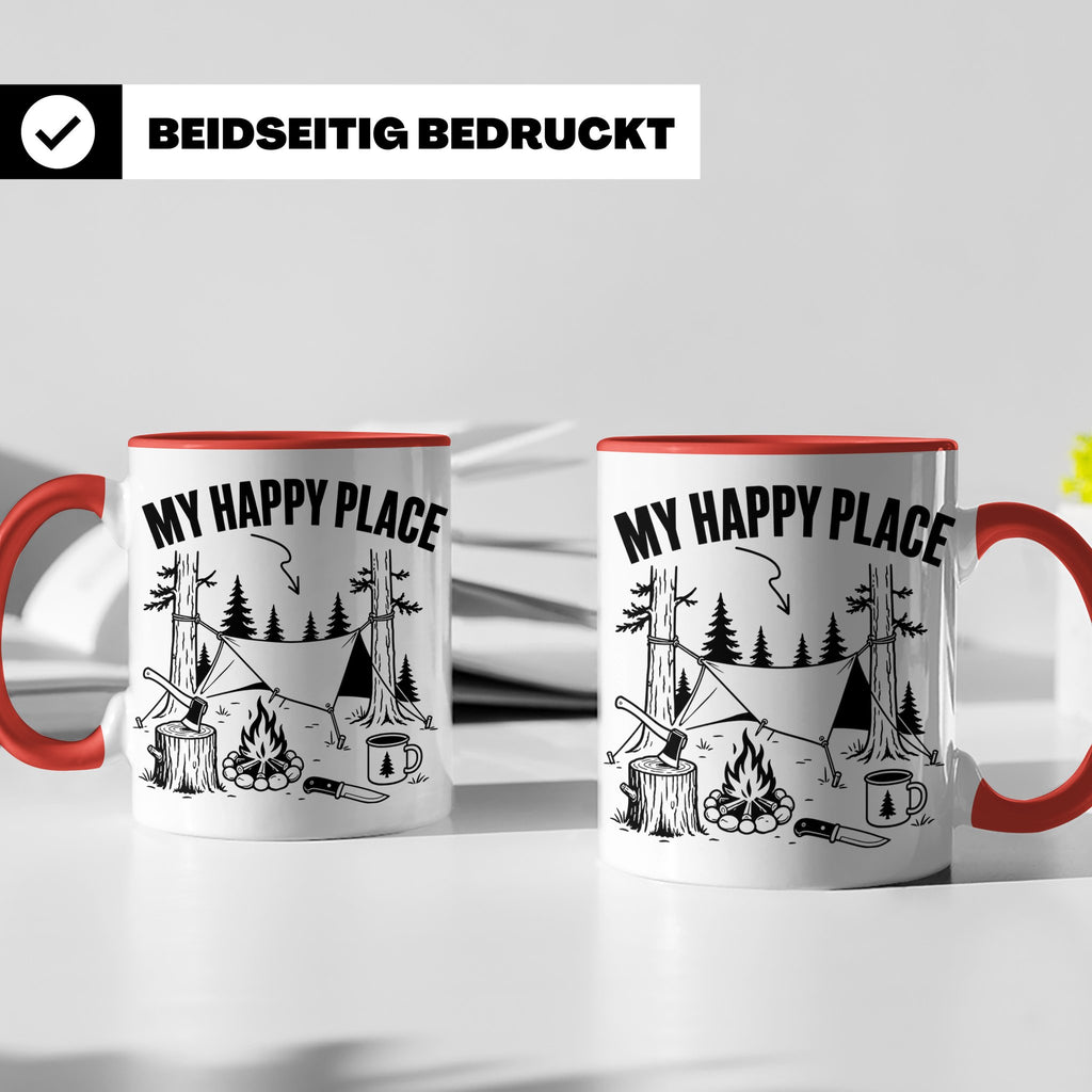 Bushcraft Tasse My Happy Place Spruch Survival Outdoor Campi – Rot [farbe:rot]