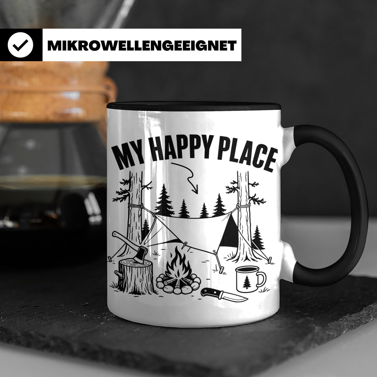 Bushcraft Tasse My Happy Place Spruch Survival Outdoor Campi – Schwarz [farbe:schwarz]