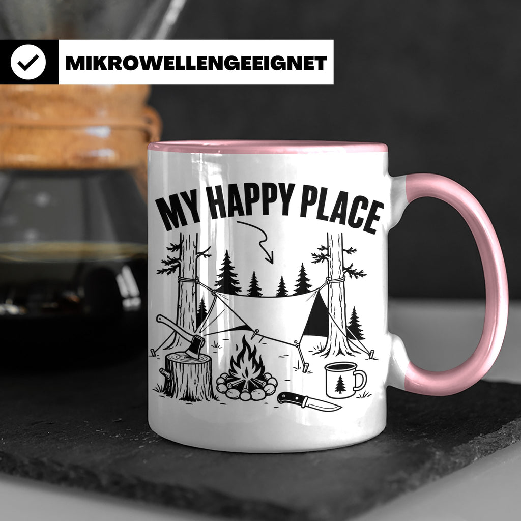 Bushcraft Tasse My Happy Place Spruch Survival Outdoor Campi – Rosa [farbe:rosa]