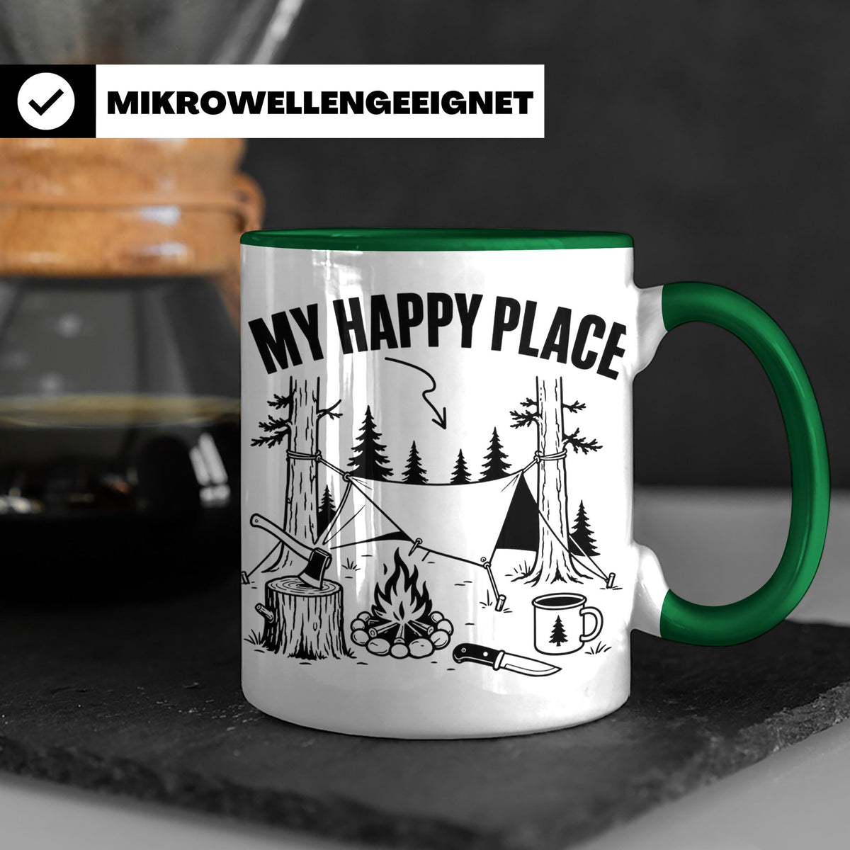 Bushcraft Tasse My Happy Place Spruch Survival Outdoor Campi – Grün [farbe:grün]