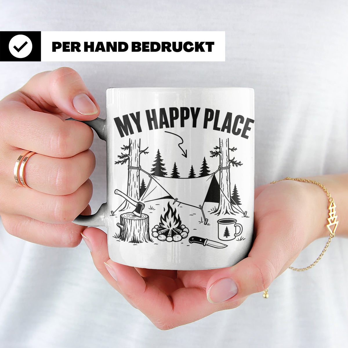 Bushcraft Tasse My Happy Place Spruch Survival Outdoor Campi – Weiß [farbe:weiß]