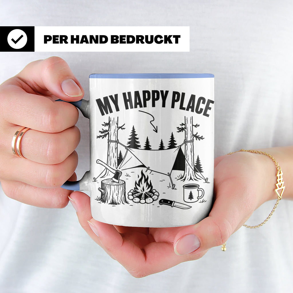 Bushcraft Tasse My Happy Place Spruch Survival Outdoor Campi – Blau [farbe:blau]
