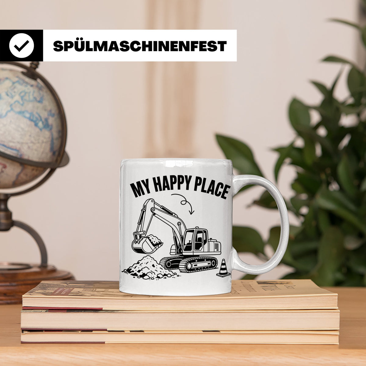 Bagger Tasse My Happy Place für Baggerfahrer & Bauarbeiter L – Weiß [farbe:weiß]