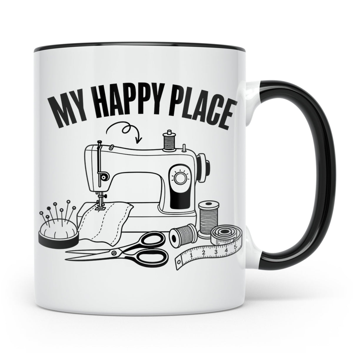 Nähen Tasse My Happy Place Spruch Geschenk für Schneiderin,  – Schwarz [farbe:schwarz]