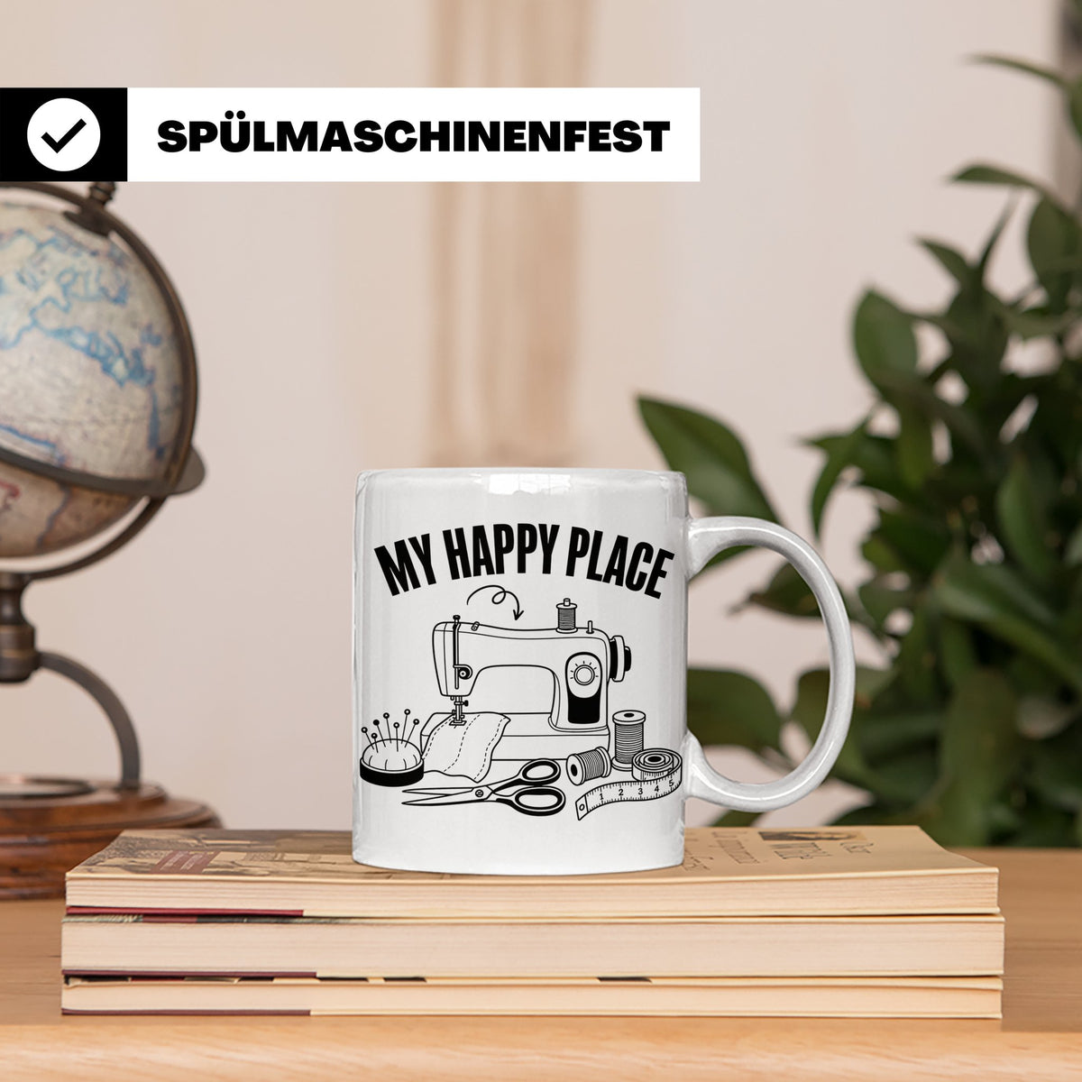 Nähen Tasse My Happy Place Spruch Geschenk für Schneiderin,  – Weiß [farbe:weiß]