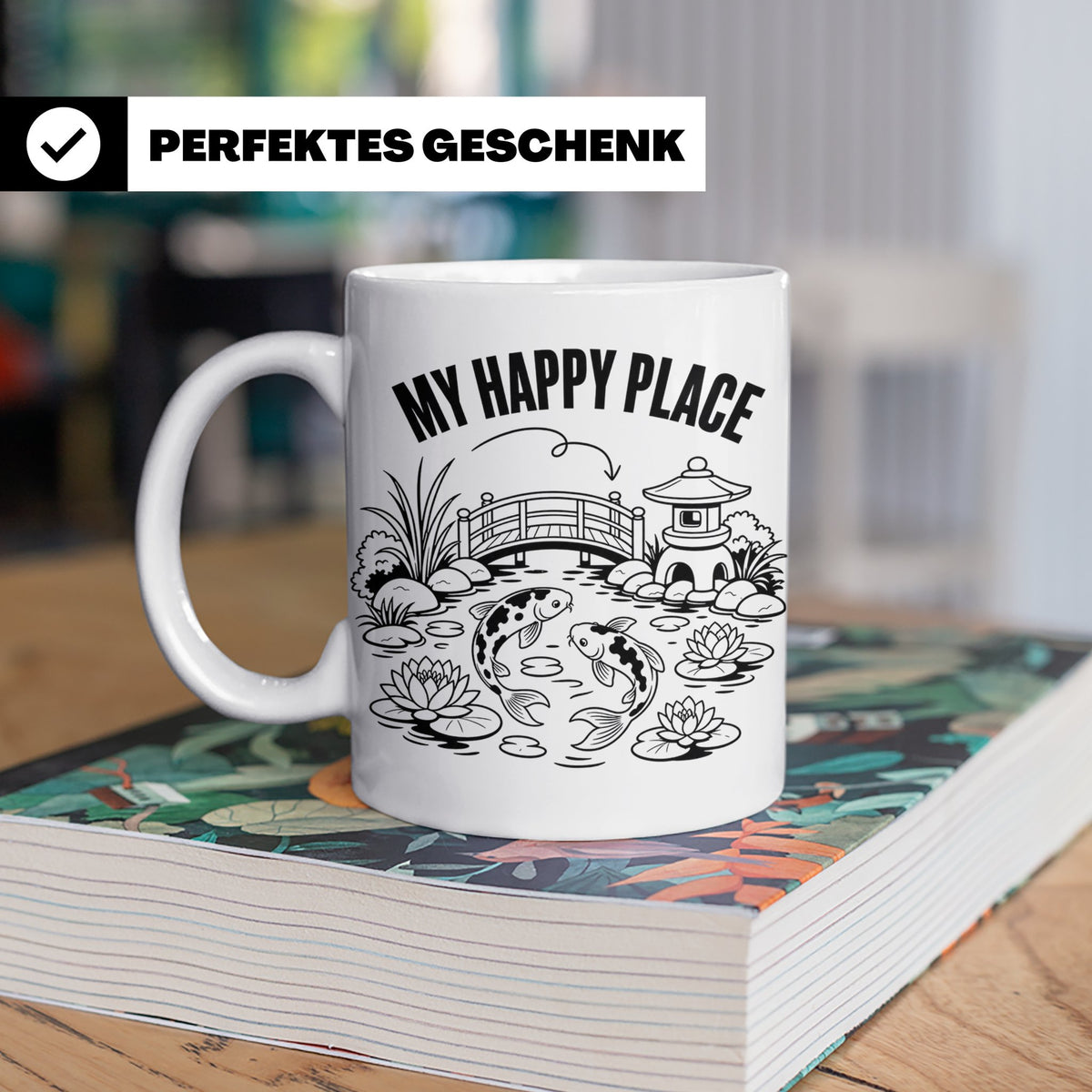 Koi Teich Tasse My Happy Place Japanischer Garten Kaffeetass – Weiß [farbe:weiß]