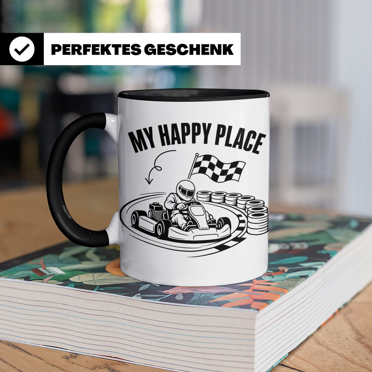 Go Kart Tasse My Happy Place für Rennfahrer & Motorsport Fan – Schwarz [farbe:schwarz]