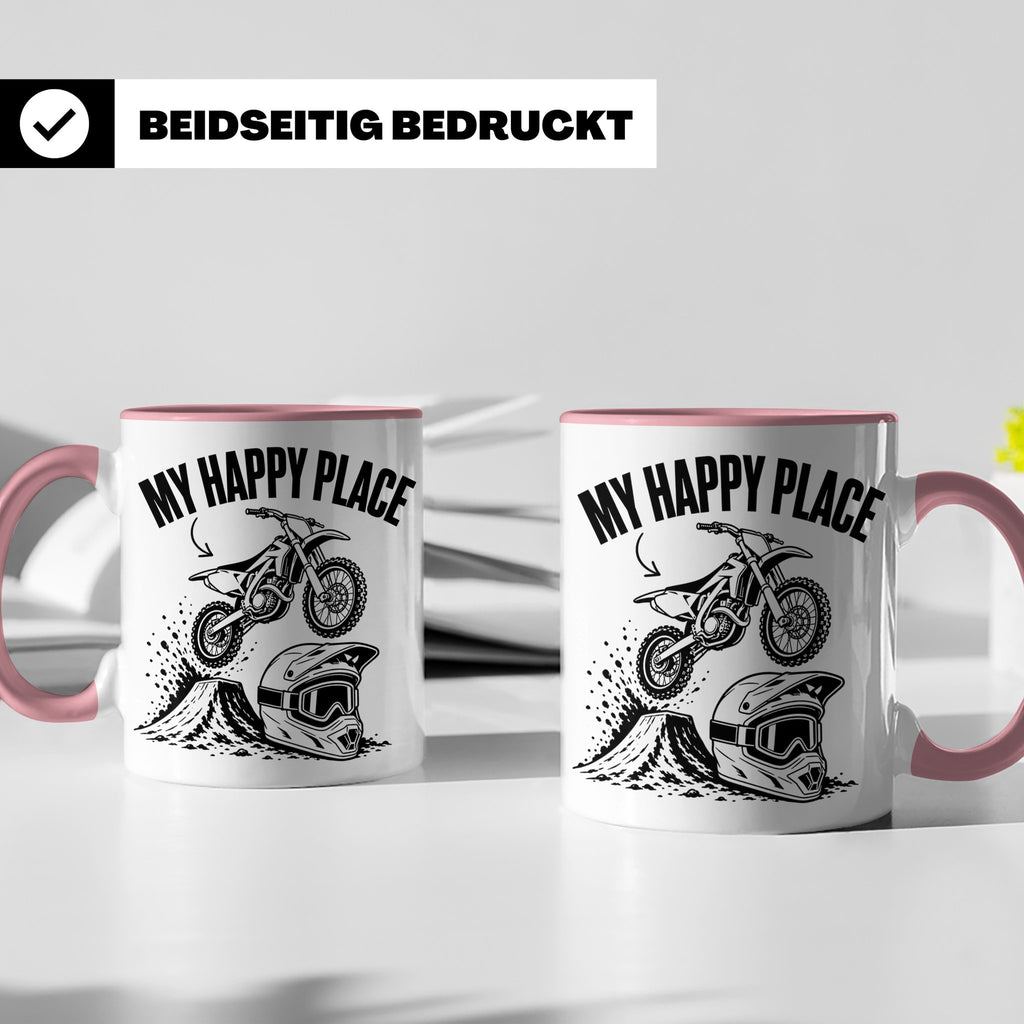Motocross Tasse My Happy Place Spruch Dirt Bike Kaffeebecher – Rosa [farbe:rosa]