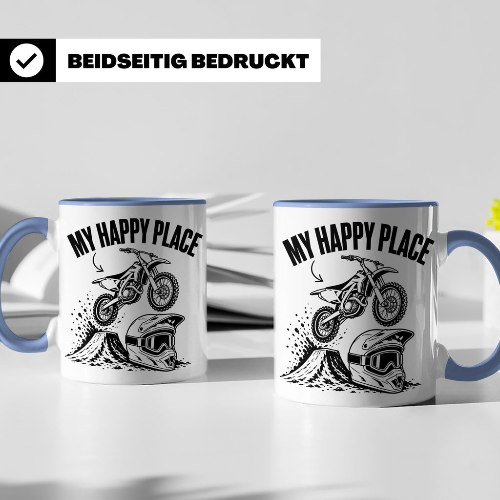 Motocross Tasse My Happy Place Spruch Dirt Bike Kaffeebecher – Blau [farbe:blau]