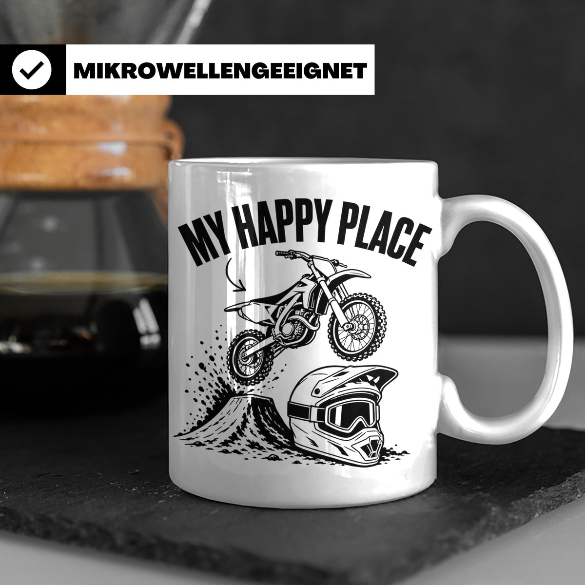 Motocross Tasse My Happy Place Spruch Dirt Bike Kaffeebecher – Weiß [farbe:weiß]