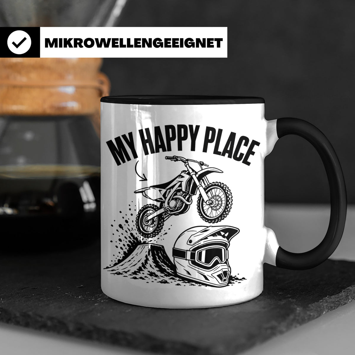 Motocross Tasse My Happy Place Spruch Dirt Bike Kaffeebecher – Schwarz [farbe:schwarz]
