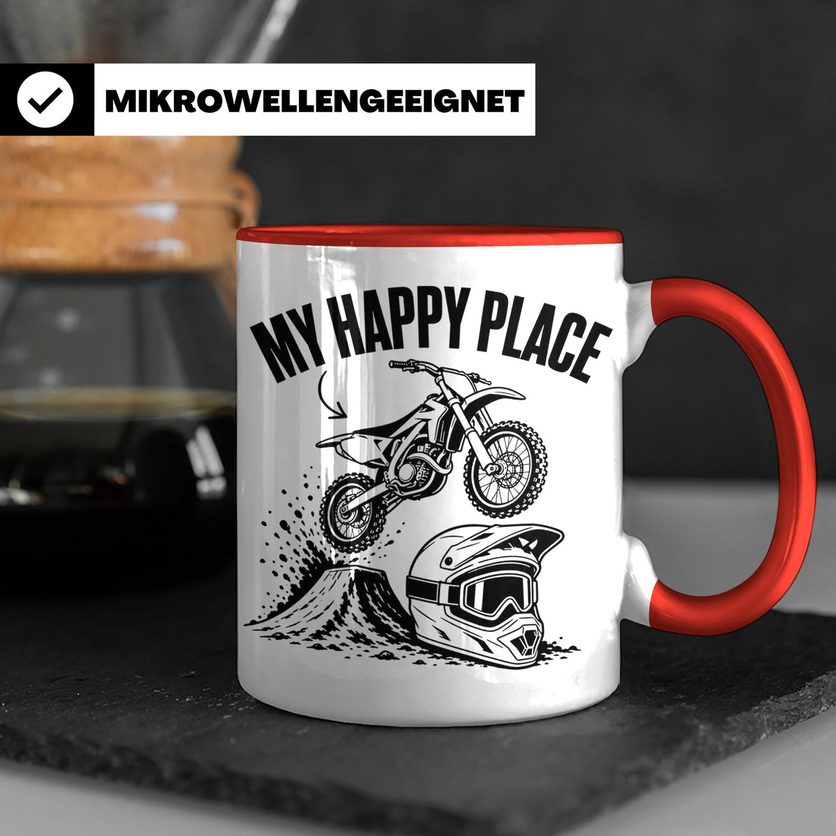 Motocross Tasse My Happy Place Spruch Dirt Bike Kaffeebecher – Rot [farbe:rot]