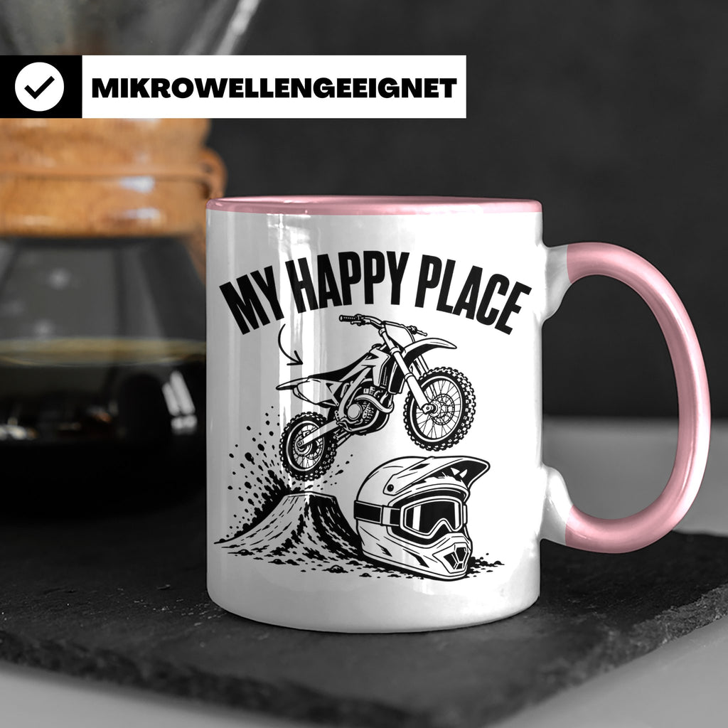 Motocross Tasse My Happy Place Spruch Dirt Bike Kaffeebecher – Rosa [farbe:rosa]