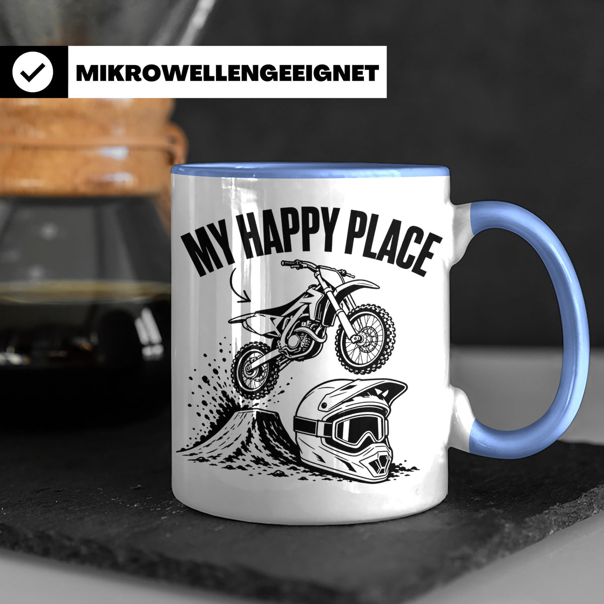 Motocross Tasse My Happy Place Spruch Dirt Bike Kaffeebecher – Blau [farbe:blau]