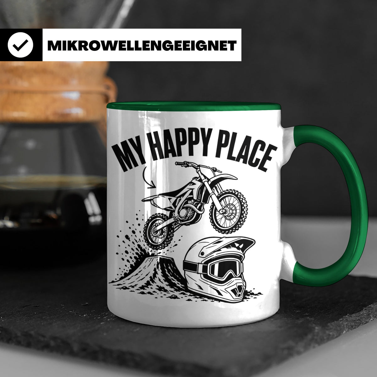 Motocross Tasse My Happy Place Spruch Dirt Bike Kaffeebecher – Grün [farbe:grün]