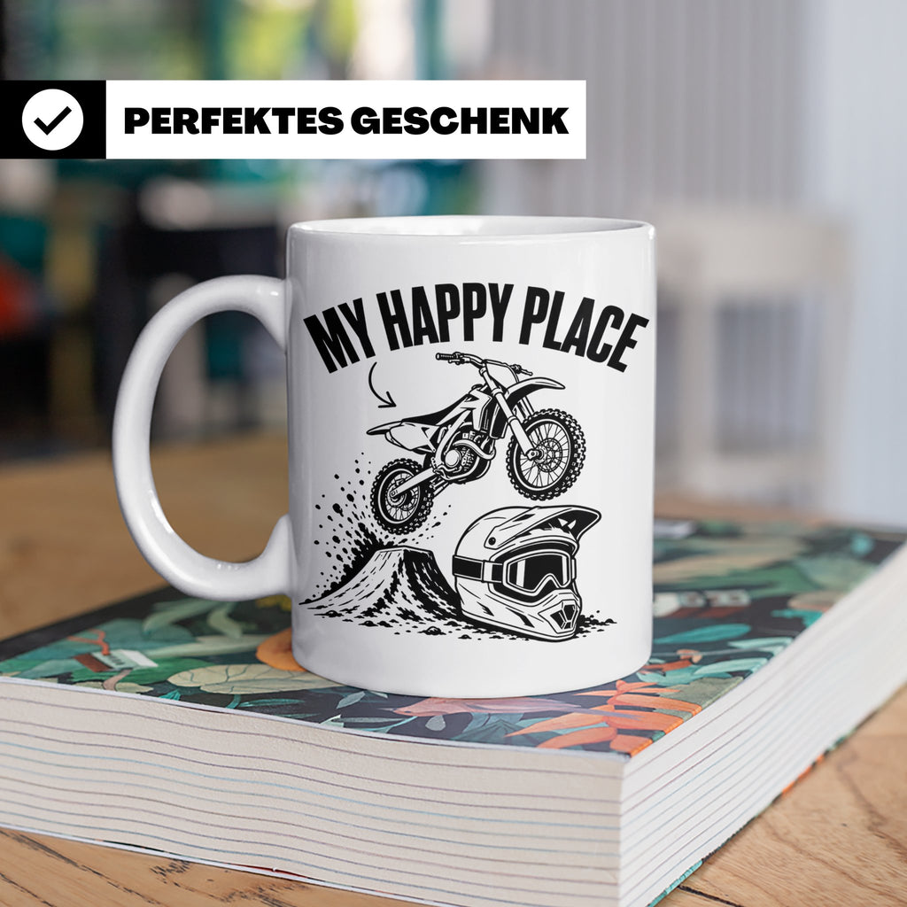 Motocross Tasse My Happy Place Spruch Dirt Bike Kaffeebecher – Weiß [farbe:weiß]
