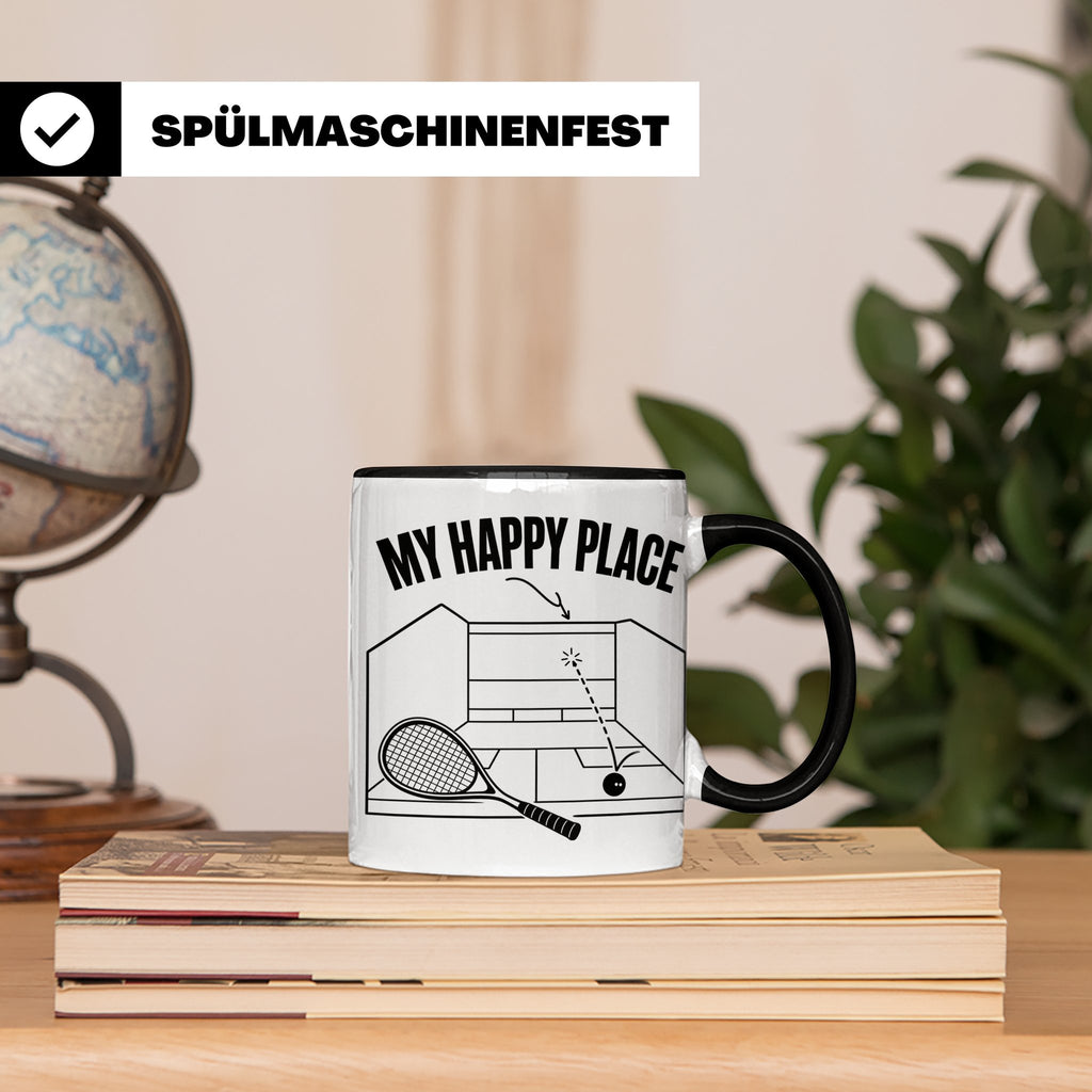 Squash Tasse My Happy Place Spruch Geschenk für Squashspiele – Schwarz [farbe:schwarz]