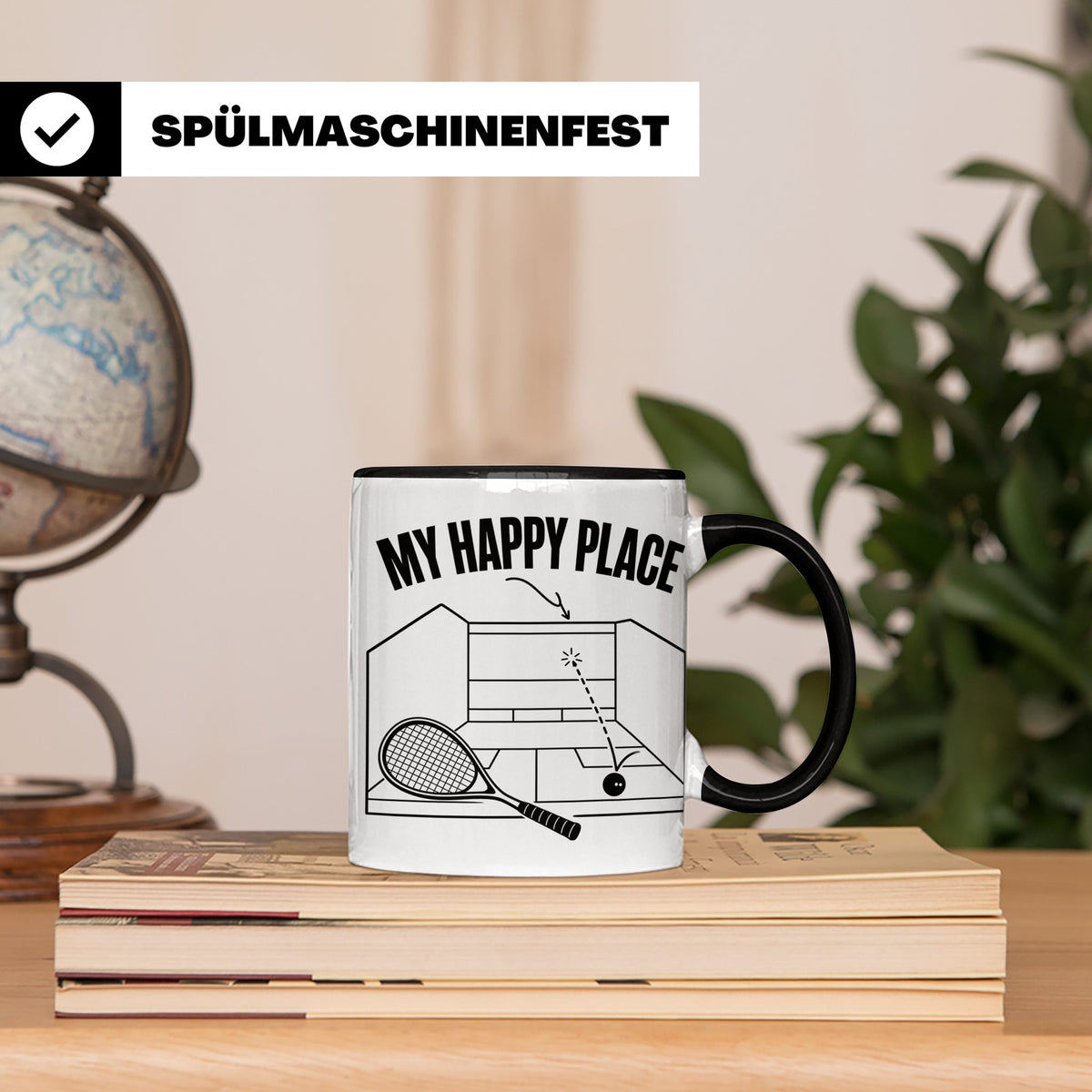 Squash Tasse My Happy Place Spruch Geschenk für Squashspiele – Schwarz [farbe:schwarz]