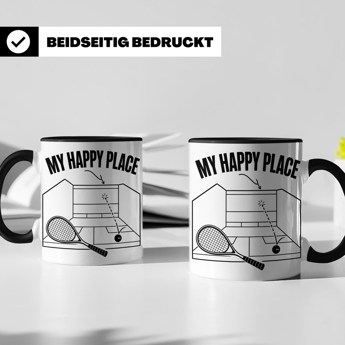 Squash Tasse My Happy Place Spruch Geschenk für Squashspiele – Schwarz [farbe:schwarz]