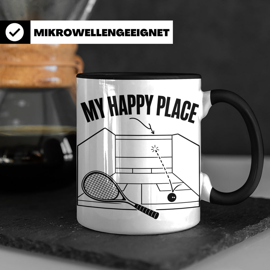 Squash Tasse My Happy Place Spruch Geschenk für Squashspiele – Schwarz [farbe:schwarz]
