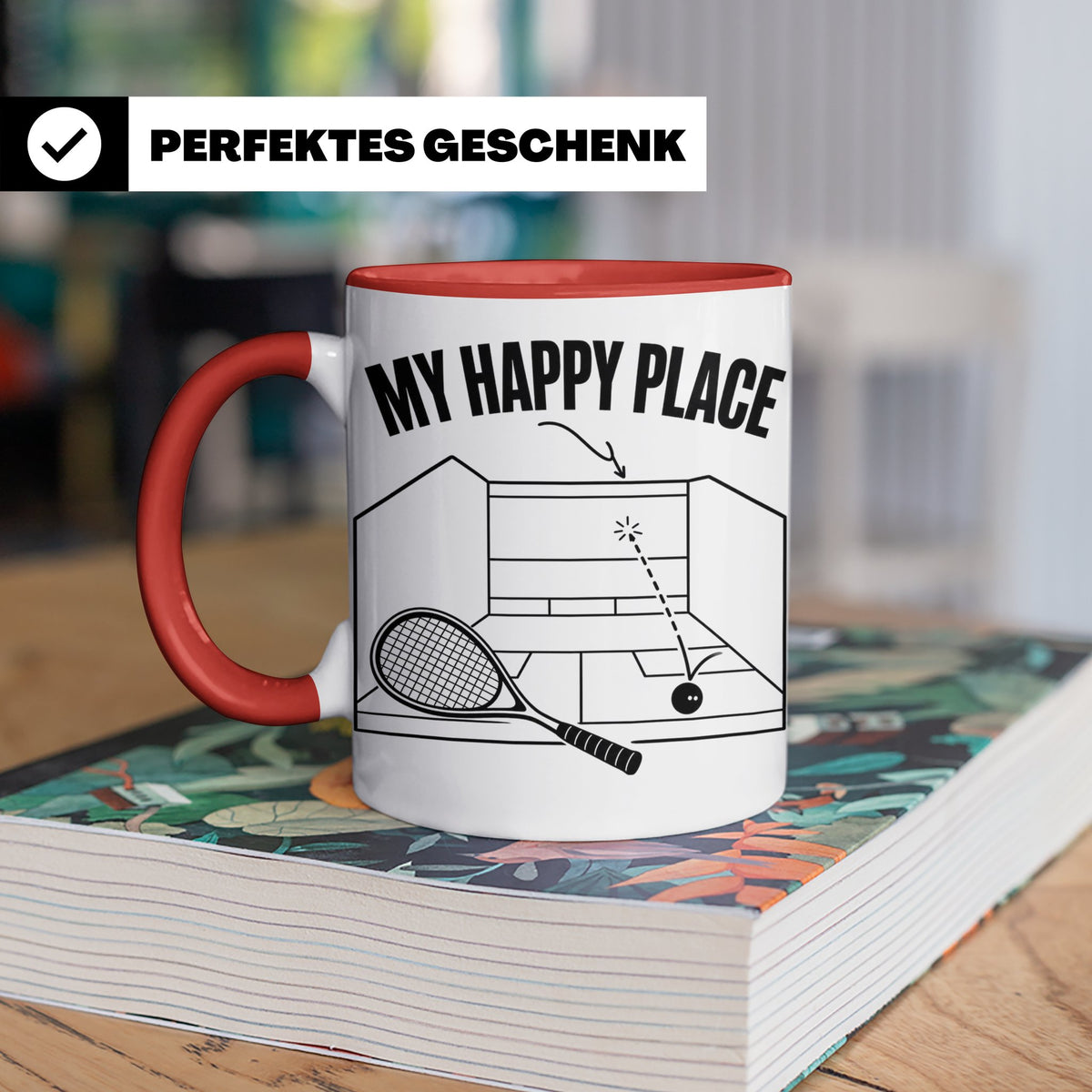 Squash Tasse My Happy Place Spruch Geschenk für Squashspiele – Rot [farbe:rot]