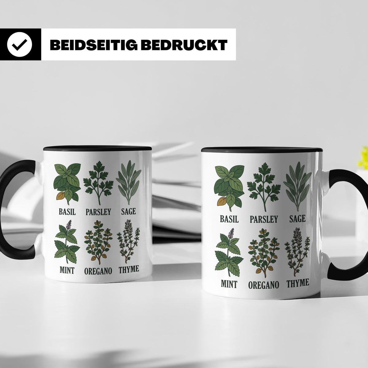 Kräutertasse mit Küchenkräuter Motiv für Gärtner & Koch, Bot – Schwarz [farbe:schwarz]