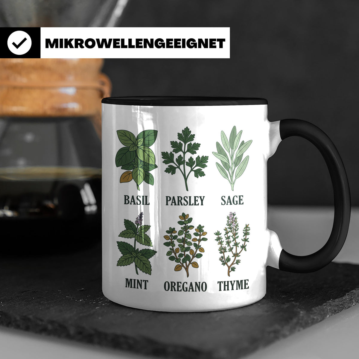Kräutertasse mit Küchenkräuter Motiv für Gärtner & Koch, Bot – Schwarz [farbe:schwarz]
