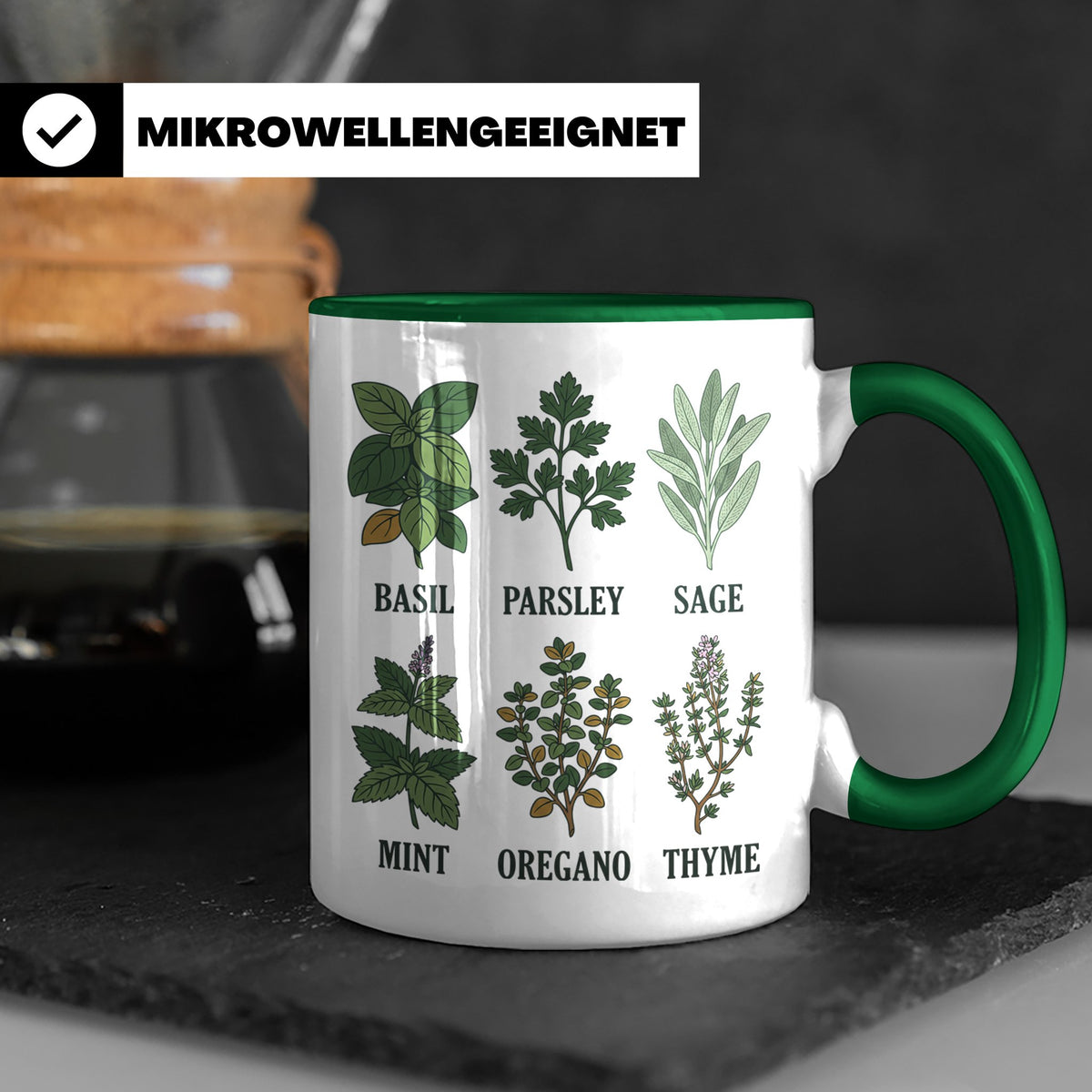 Kräutertasse mit Küchenkräuter Motiv für Gärtner & Koch, Bot – Grün [farbe:grün]