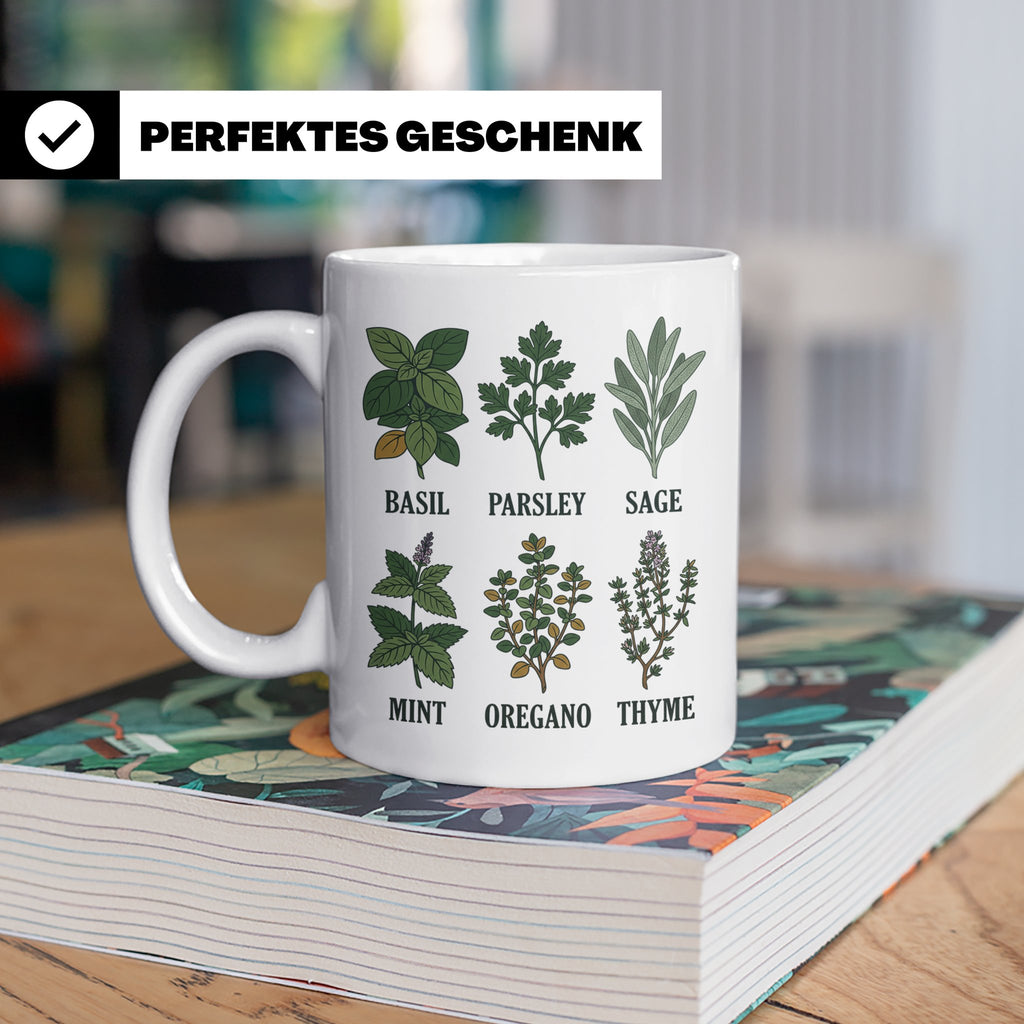 Kräutertasse mit Küchenkräuter Motiv für Gärtner & Koch, Bot – Weiß [farbe:weiß]