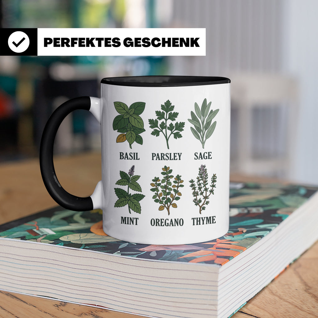 Kräutertasse mit Küchenkräuter Motiv für Gärtner & Koch, Bot – Schwarz [farbe:schwarz]