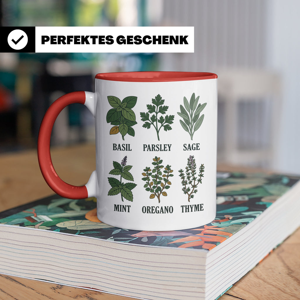 Kräutertasse mit Küchenkräuter Motiv für Gärtner & Koch, Bot – Rot [farbe:rot]