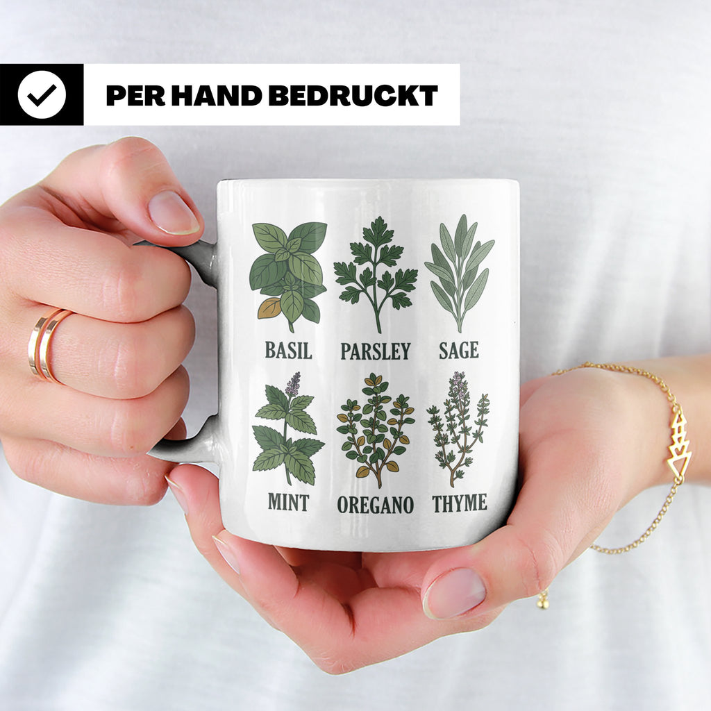Kräutertasse mit Küchenkräuter Motiv für Gärtner & Koch, Bot – Weiß [farbe:weiß]