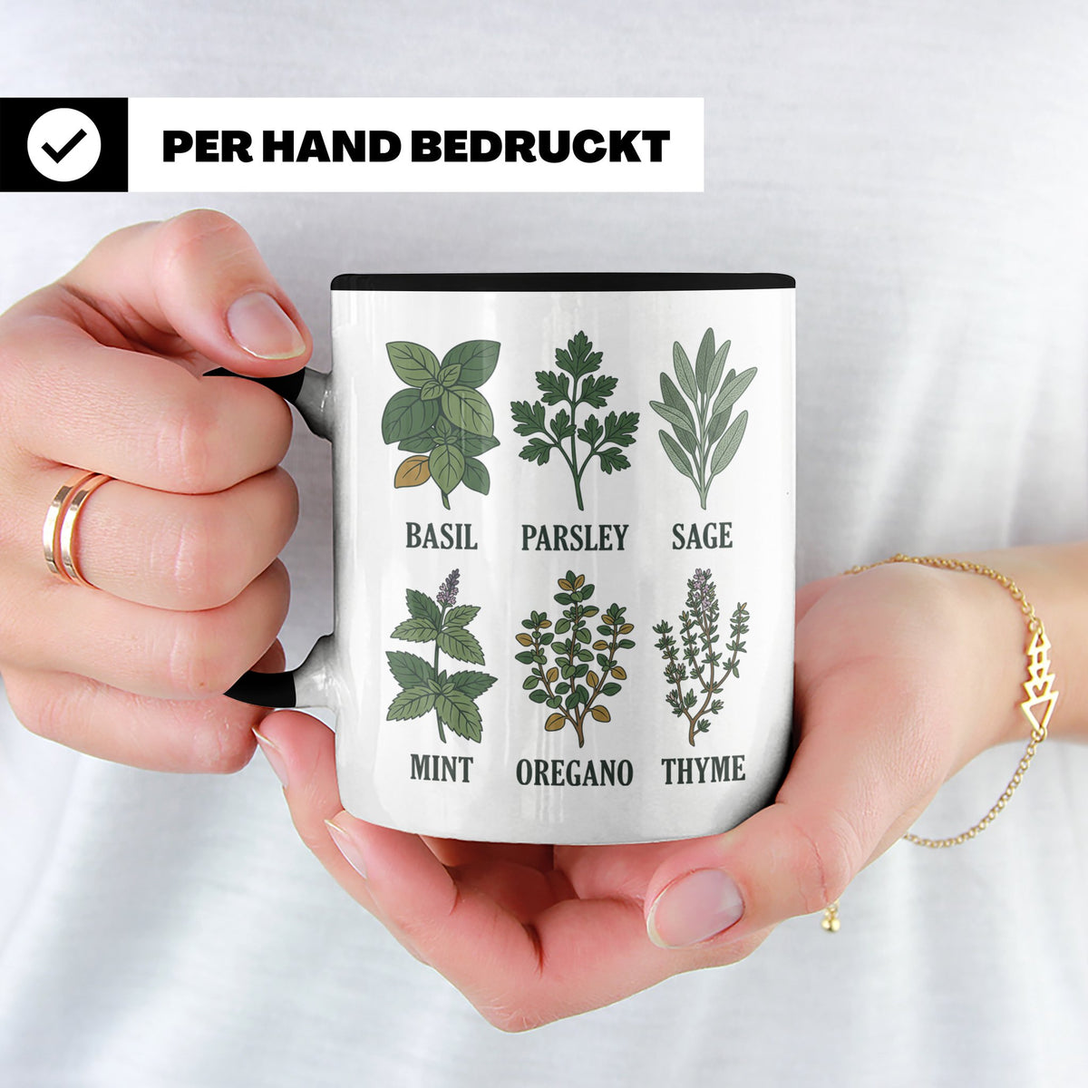 Kräutertasse mit Küchenkräuter Motiv für Gärtner & Koch, Bot – Schwarz [farbe:schwarz]