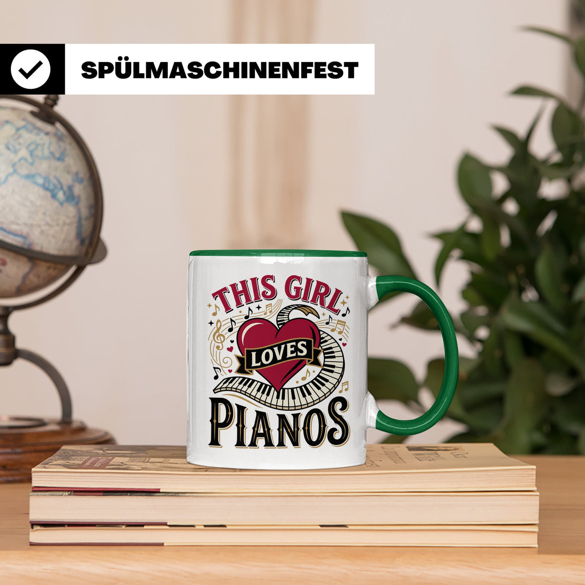 Pianistin Tasse This Girl Loves Pianos Spruch Kaffeebecher f – Grün [farbe:grün]