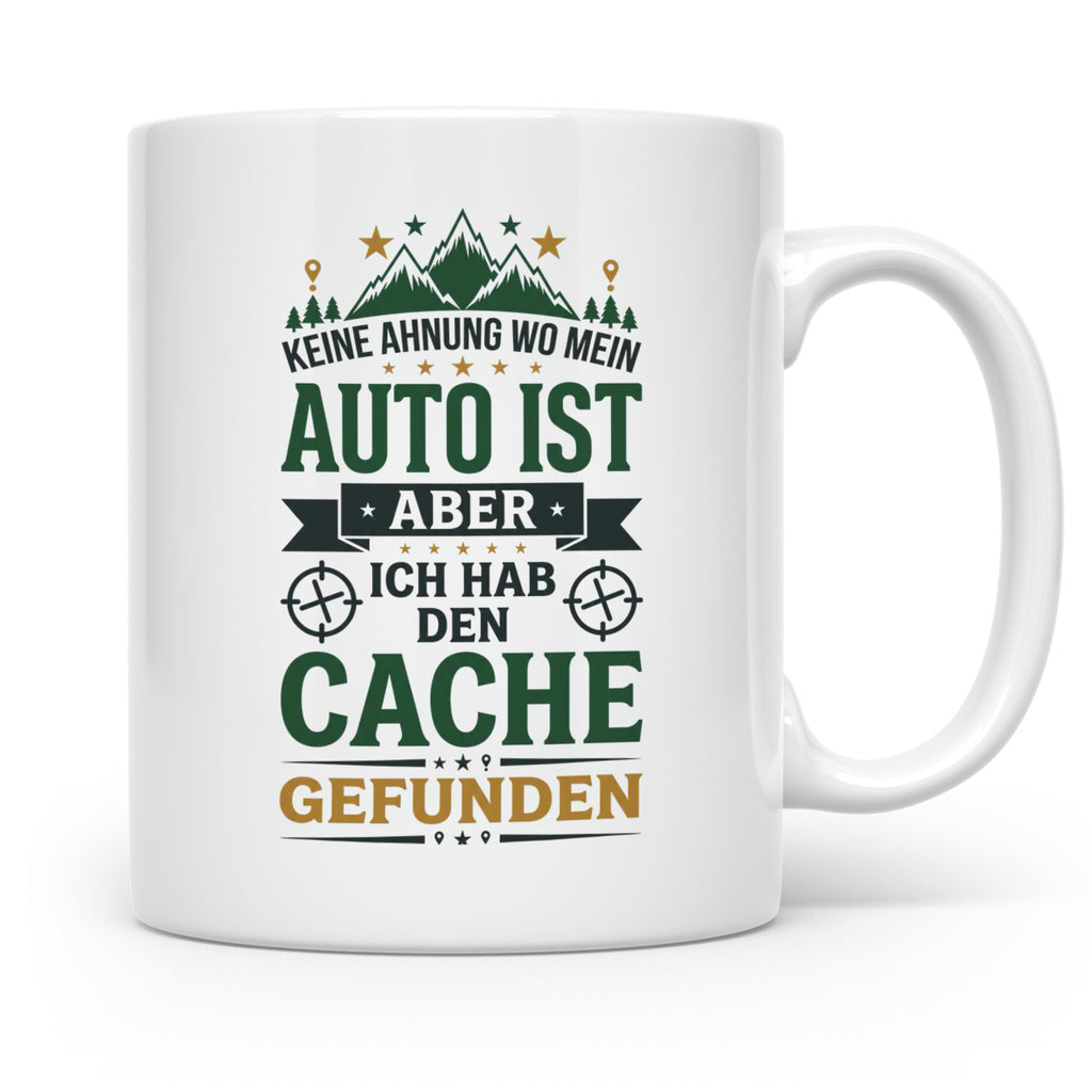 Geocaching Tasse mit Spruch Keine Ahnung Auto Cache gefunden – Weiß [farbe:weiß]