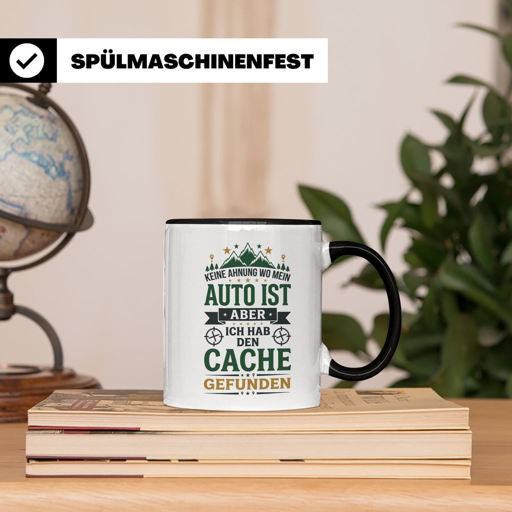 Geocaching Tasse mit Spruch Keine Ahnung Auto Cache gefunden – Schwarz [farbe:schwarz]