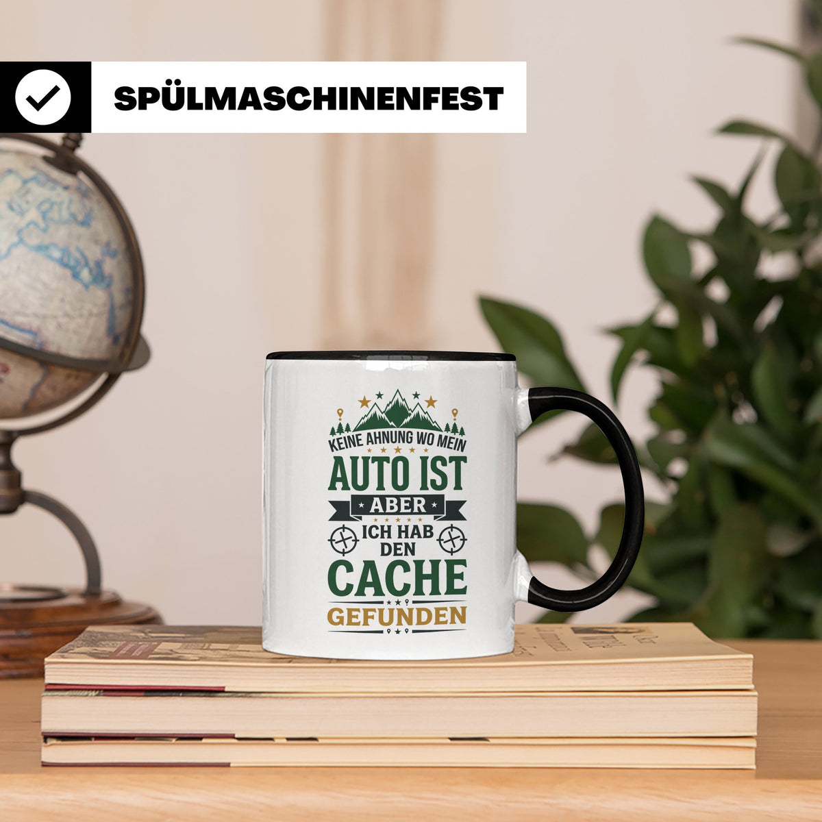 Geocaching Tasse mit Spruch Keine Ahnung Auto Cache gefunden – Schwarz [farbe:schwarz]
