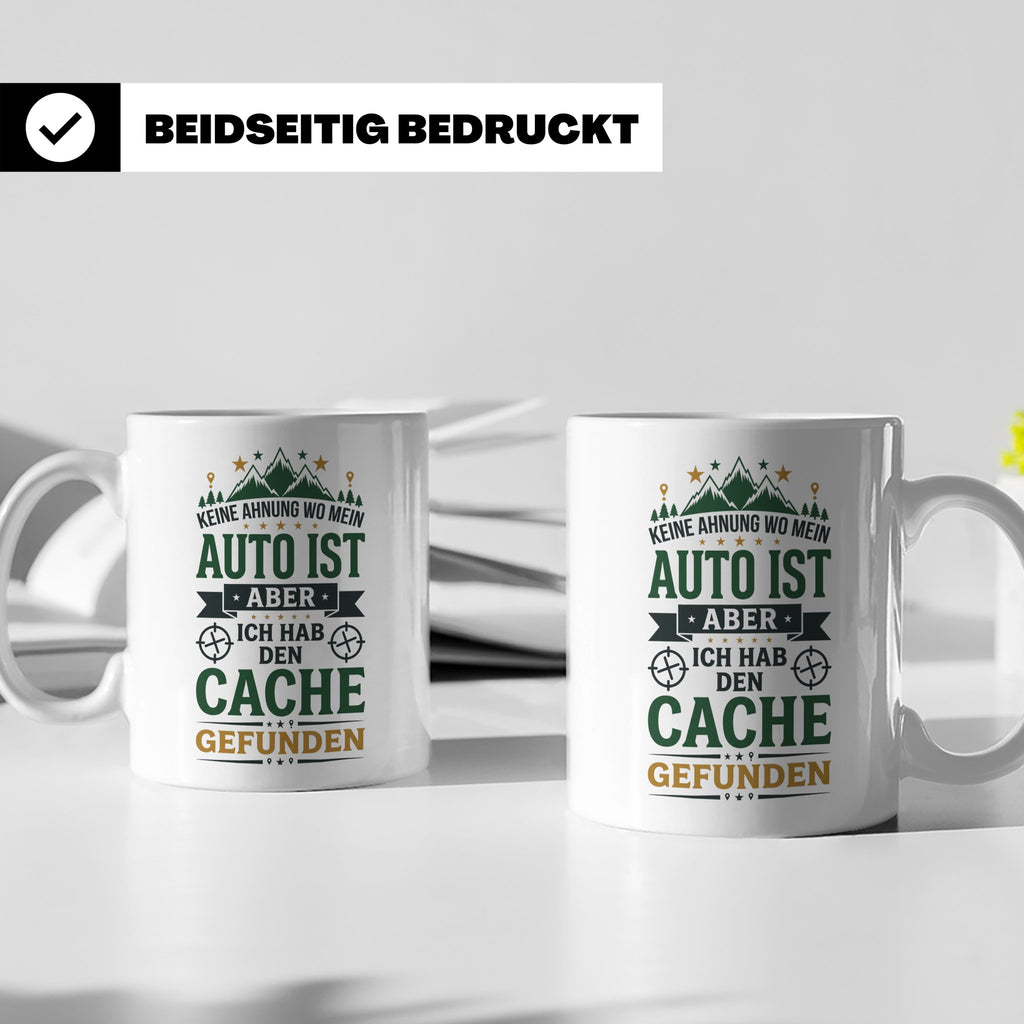 Geocaching Tasse mit Spruch Keine Ahnung Auto Cache gefunden – Weiß [farbe:weiß]