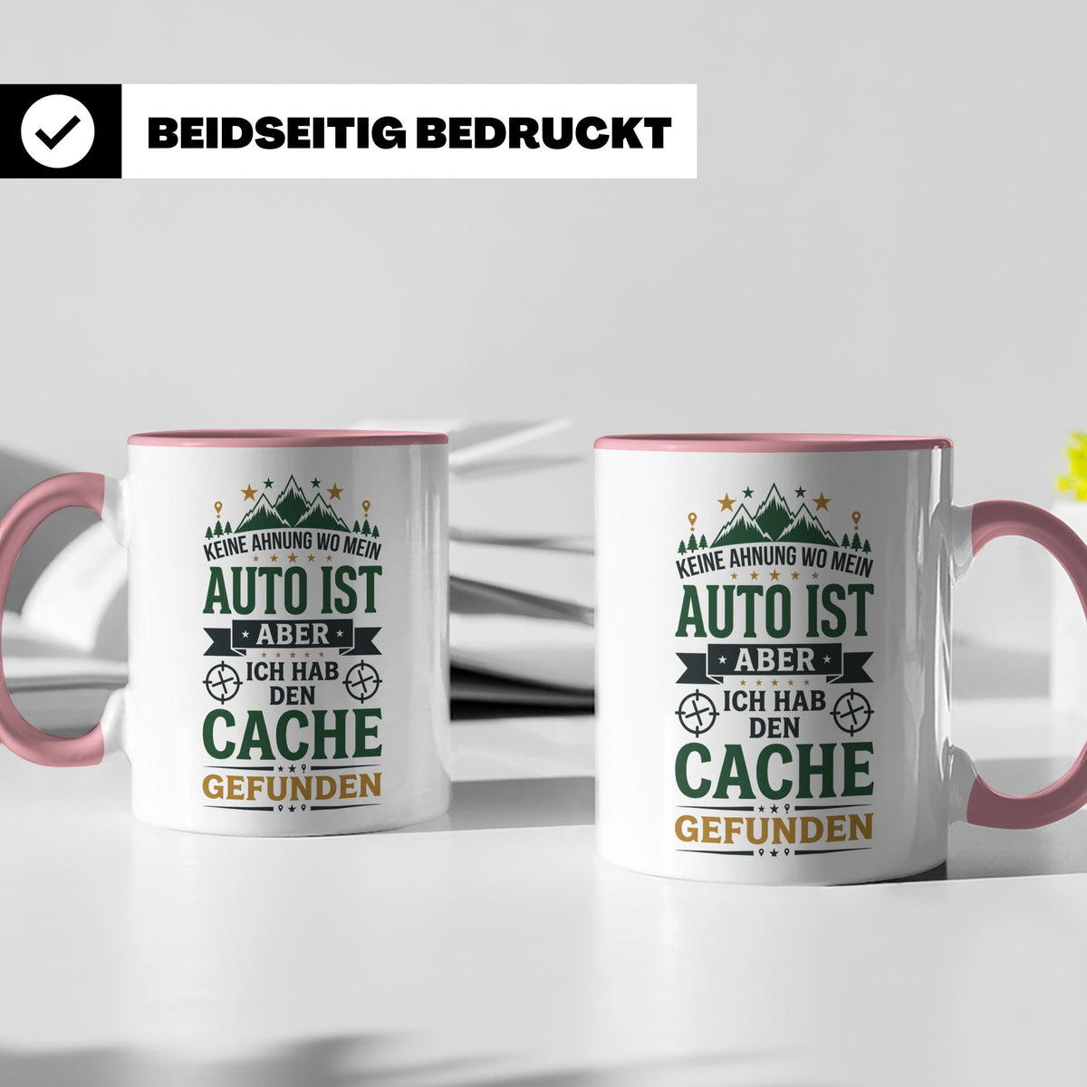Geocaching Tasse mit Spruch Keine Ahnung Auto Cache gefunden – Rosa [farbe:rosa]