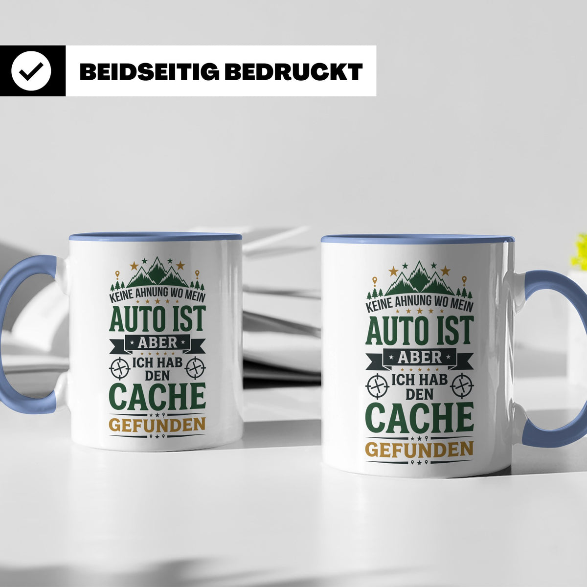 Geocaching Tasse mit Spruch Keine Ahnung Auto Cache gefunden – Blau [farbe:blau]