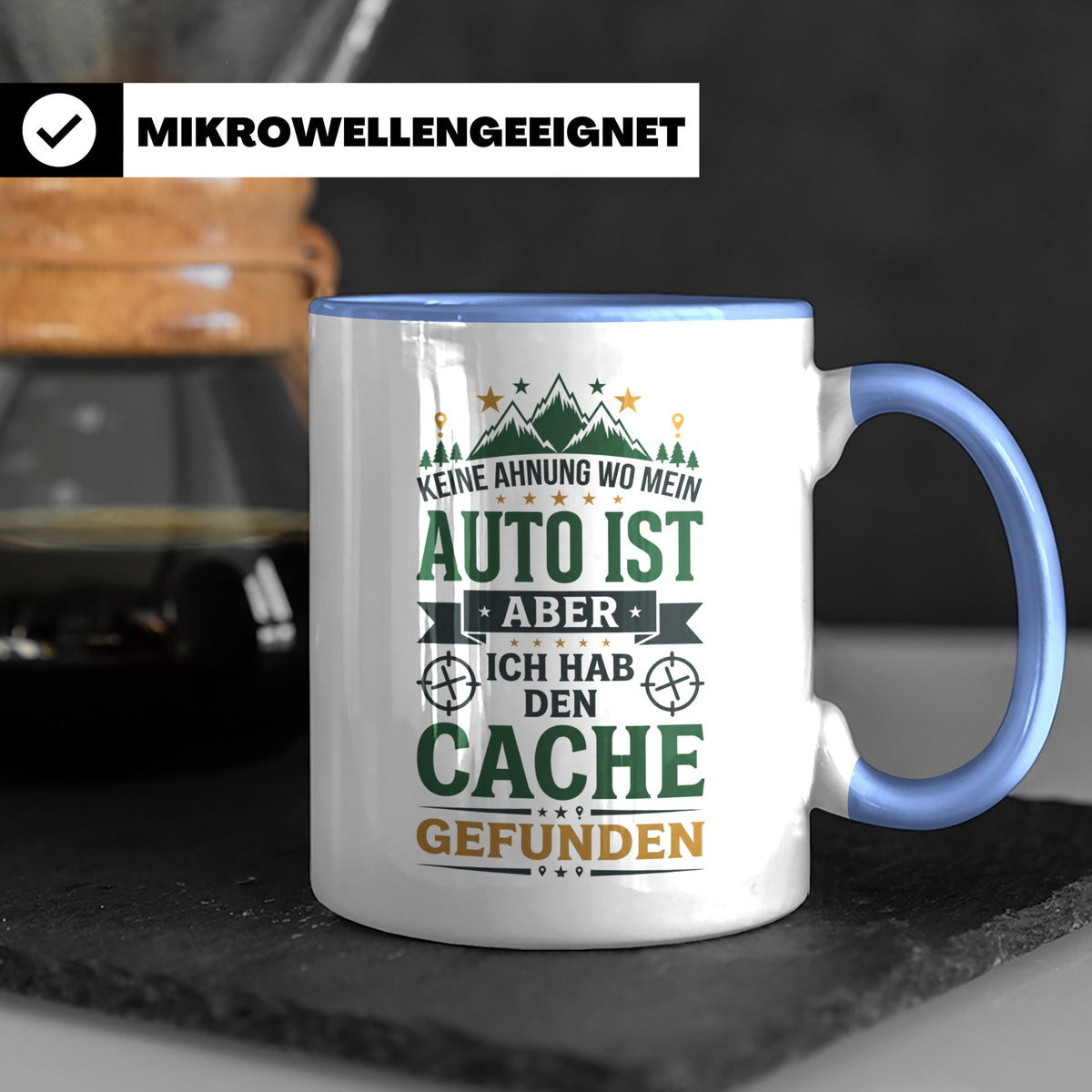 Geocaching Tasse mit Spruch Keine Ahnung Auto Cache gefunden – Blau [farbe:blau]