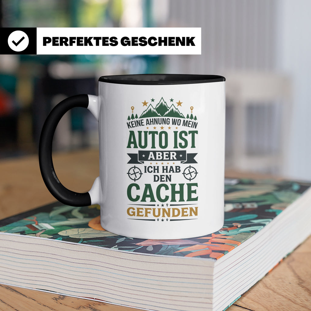 Geocaching Tasse mit Spruch Keine Ahnung Auto Cache gefunden – Schwarz [farbe:schwarz]