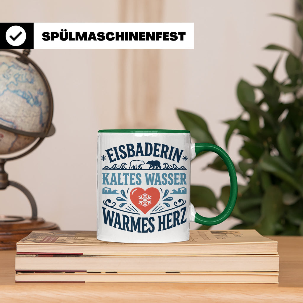 Eisbaderin Tasse mit Spruch Kaltes Wasser Warmes Herz | Gesc – Grün [farbe:grün]