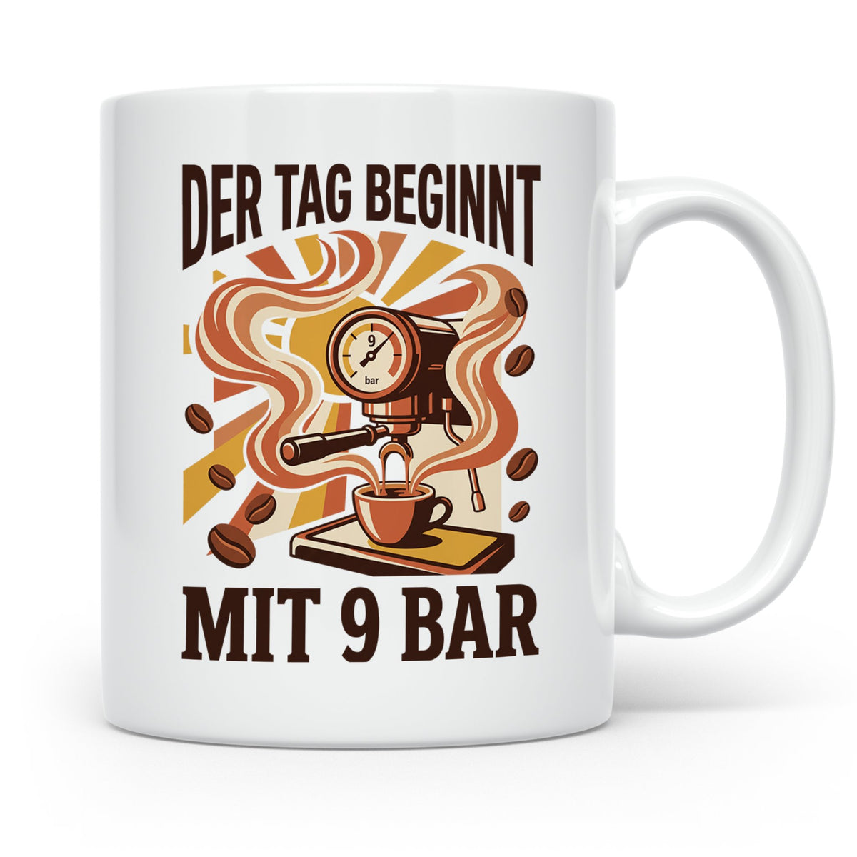 Barista Tasse mit Spruch Der Tag beginnt mit 9 Bar | Espress – Weiß [farbe:weiß]